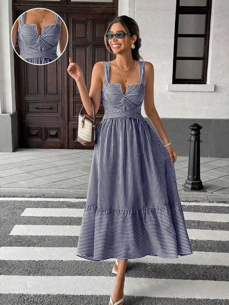 PariChic Vestido de mujer con cuello en V, diseño de rayas y cruce cruzado - Azul y blanco - Ver 1