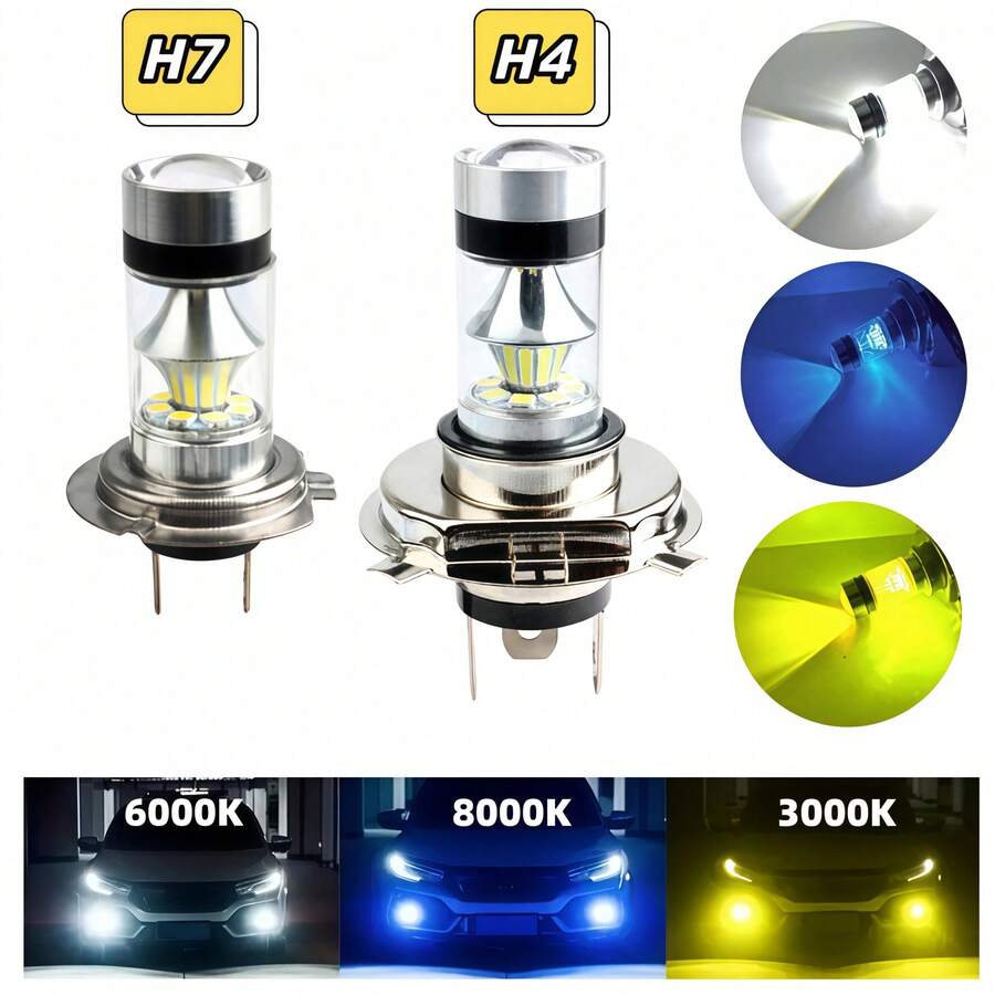 2个100W H4/H7超亮20-LED汽车日间行车灯、雾灯，6000K白光、3000K黄光、8000K蓝光汽车前大灯、远近光灯泡