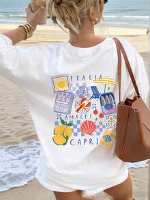 Áo thun tay ngắn dáng rộng, thoải mái, họa tiết bờ biển Amalfi - trắng - Xem 7