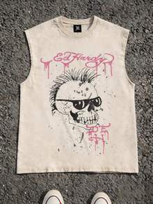 Men's Casual Crew Neck Sleeveless Washed Vest, Made Of 100% Cotton, Perfect For Summer Vacations. Features A Stylish Print And Y2K Street Style. An Excellent Gift For Boyfriends And Husbands. - 杏色 - 查看 1