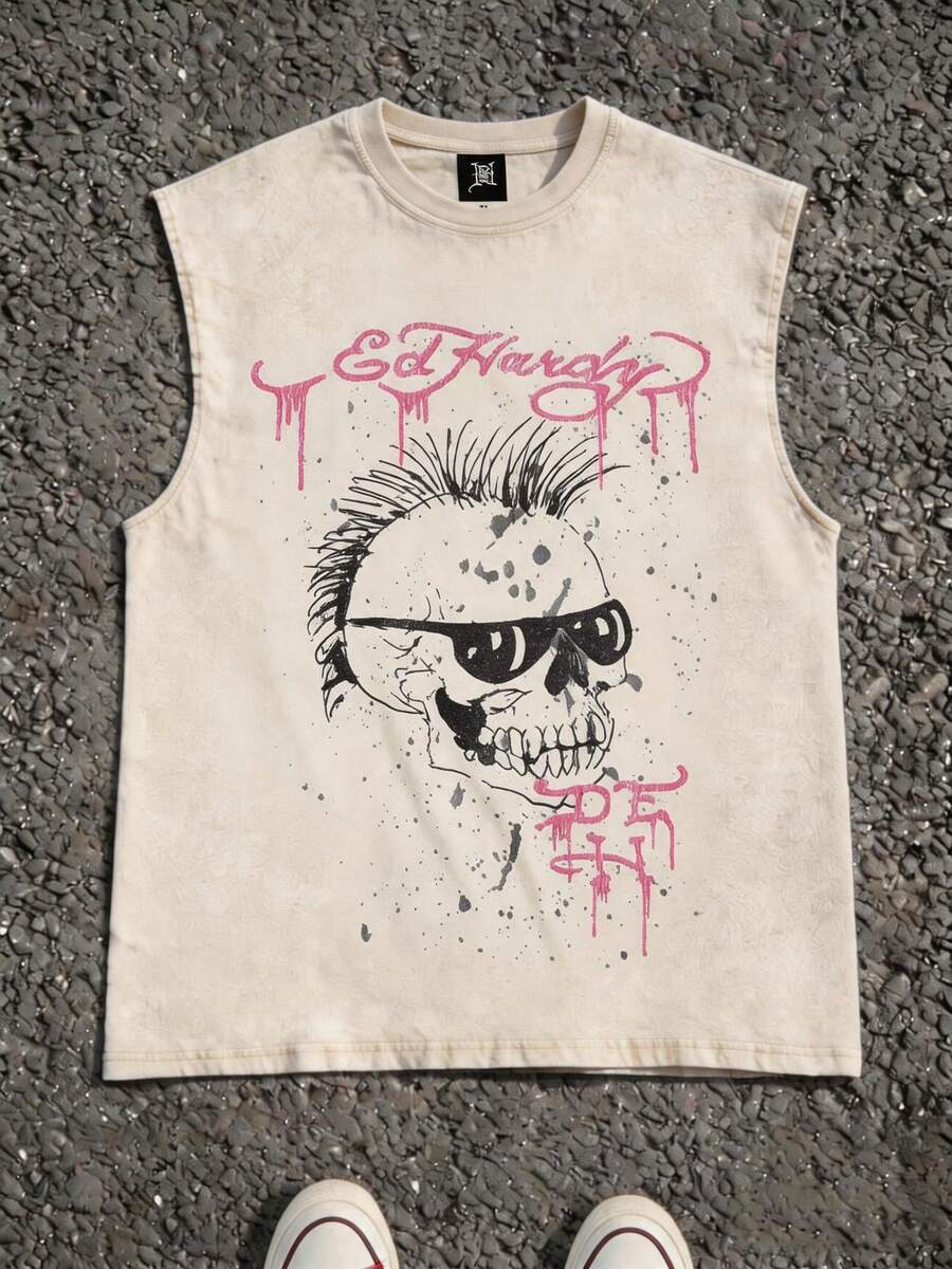 Men's Casual Crew Neck Sleeveless Washed Vest, Made Of 100% Cotton, Perfect For Summer Vacations. Features A Stylish Print And Y2K Street Style. An Excellent Gift For Boyfriends And Husbands. - 杏色 - 查看 1