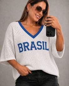 Women's T-Shirt Brazil Striped Knit Oversized Short Sleeve Knit Blouse Fashion World Cup - Blanco y azul - Ver 1