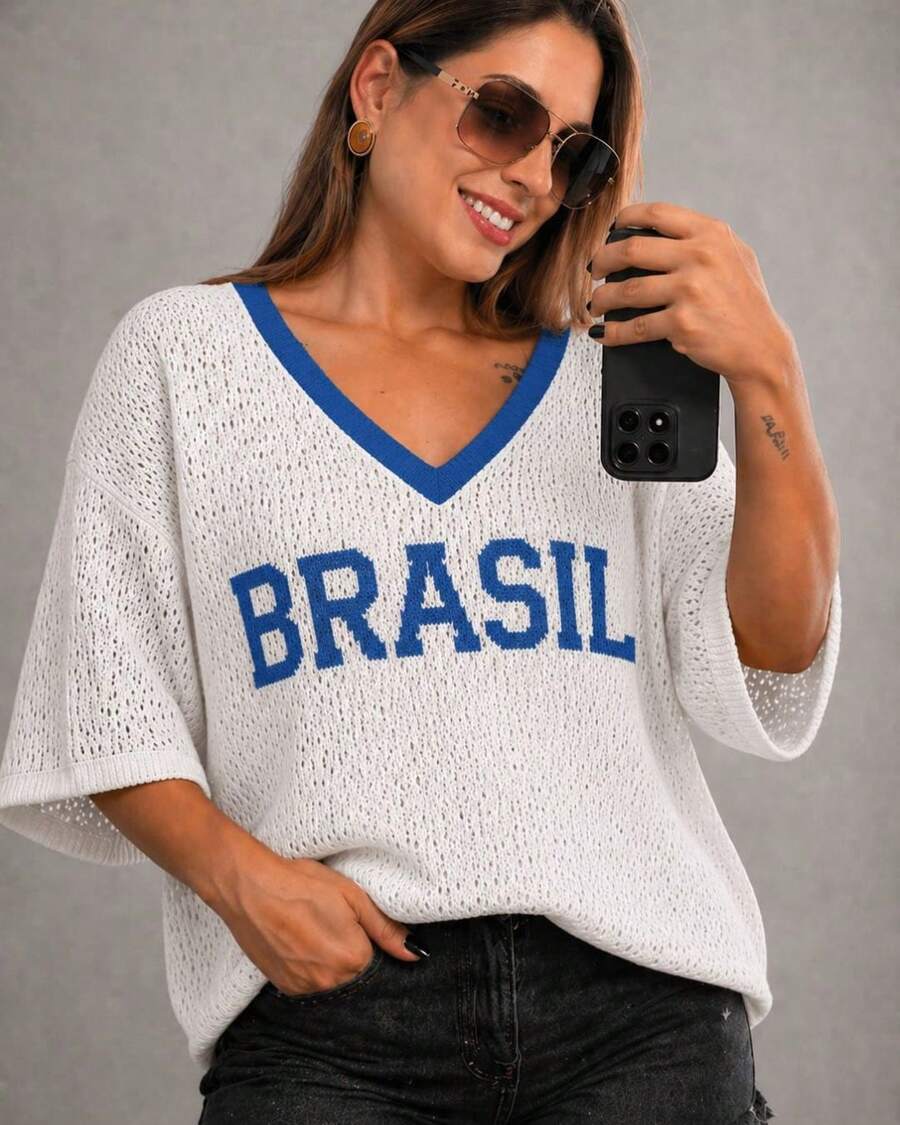 Women's T-Shirt Brazil Striped Knit Oversized Short Sleeve Knit Blouse Fashion World Cup - Blanco y azul - Ver 1