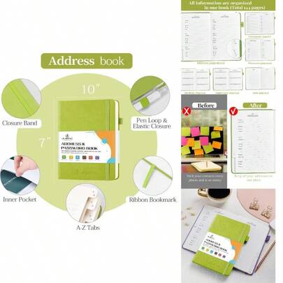 Address Book With Alphabetical Tabs, Hardcover Password Keeper And Telephone Book Address Organizer Record Contacts, Internet Login Address Log Book Journal Notebook Home Or Office-Green