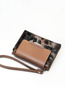 Women's Short Contrast Color Patchwork Wallet, Fashion Leopard Print Multi-Function Card Holder Pouch, Elegant Snap Closure Young Student Large Capacity Zipper Coin Purse, Lightweight Stylish Convenient Carry, Suitable For Holiday Gift - Mocha Brown - View 3