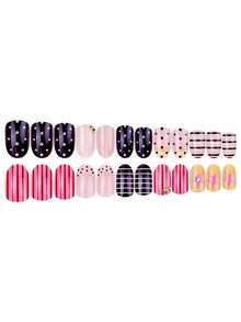 24pcs/Set Short Oval Y2K Style Striped Polka Dot Five-Pointed Star Nail Stickers, Creative Multi- Manicure Design Combining Popular Spring/Summer Colors And Patterns, Emphasizing Personalized And Color Block, Includes: 1pc Jelly Gel And 1pc Nail File, Suitable For Women And Girls For Daily, Party And Other Occasions. - Multicolor - View 5
