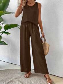 Conjunto de top sin mangas y pantalones de pierna ancha con parte posterior de malla de encaje para mujer, color albaricoque, para primavera/verano - Marrón - Ver 5