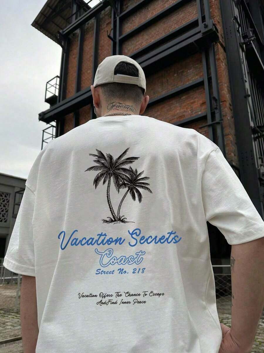 Men's Short-Sleeved Crew Neck T-Shirt For Summer, 100% Cotton, Lightweight Design With Adventure Print, Easy Gear For Outdoor Walking In Summer. Unisex Loose-Fitting Cotton Short-Sleeved Crew Neck T-Shirt With Urban Vintage Style - 白色 - 查看 1