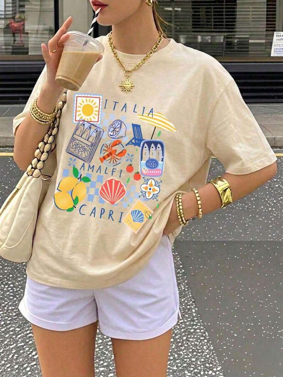Camiseta con estampado de limones de la isla de Capri, Amalfi "Verano Europeo" para mujer. Estilo vintage italiano para vacaciones. Ropa de playa y vacaciones de moda. Blanco casual--Camiseta ligera, transpirable y holgada