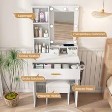 Small Dressing Table Set / Modern Dressing Table / With Mirror, Hairdryer Holder & Upholstered Stool / Dressing Table With Drawers And Shelf / Suitable For Bedrooms And Dressing Rooms - White - View 5