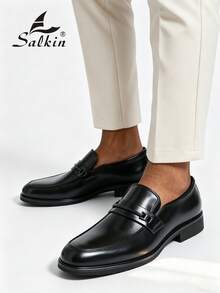 Salkin Giày lười nam cao cấp kiểu retro, chất liệu da mềm mại, thoáng khí, màu đen, mũi nhọn, giày công sở lịch lãm, giày dự tiệc, đám cưới, quà tặng lãng mạn cho cặp đôi, quà tặng ngày lễ, giày tựu trường cho sinh viên, phong cách đại học phù hợp cho mọi mùa, nên chọn lớn hơn một size. - màu đen - Xem 3