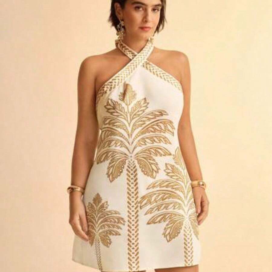 Plus Size Women Printed Summer Dress, Fashionable - Albaricoque - Ver 1