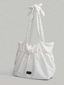 Back To School Black & White Polka Dot Canvas Tote Bag, Large Capacity Contrast Color Shoulder Bag, Suitable For College Students, Versatile Handbag, Underarm Tote Bag For Female Students - White - View 5