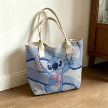 Túi tote vải canvas Disney Stitch cầm trái tim, họa tiết nét cọ màu xanh dương, túi đeo vai dùng hàng ngày. - trắng - Xem 1