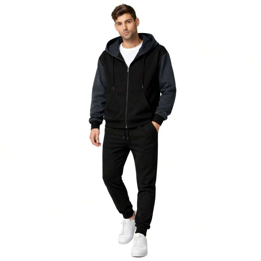 Men's Fleece Zip-Up Hoodie Set, Winter Style, Comfortable Wide-Leg Pants, Casual - BLACK aND LEAD aND BLACK - View 1