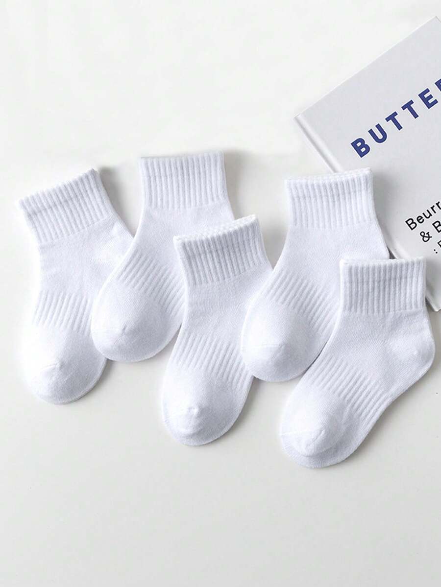 5 Pairs White Solid Color Mid-Calf Socks, Korean Style Unisex Mid-Calf Socks, Versatile For All Seasons, Sports Socks For Couples - Multicolor - View 1