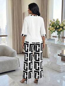 SHEIN Lady Bộ 2 món áo tay lỡ in họa tiết thường ngày dành cho nữ và quần dài - Đen và trắng - Xem 5