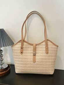 New Summer Straw Tote Bag For Women, Large Capacity French Woven Shoulder Bag, Beach Holiday & Commute Handbag - Khaki - View 3