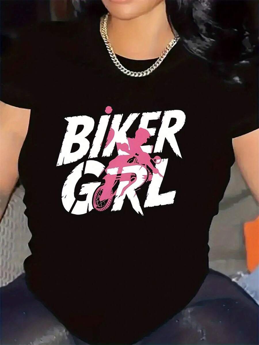 Short-Sleeved T-Shirt Designed For Motorcyclists And Outdoor Activities, Durable And Comfortable, Black With Pink Graphic, Perfect For Casual Wear In Bars Or Clubs, Lightweight And Breathable Fabric - 黑色 - 查看 1