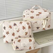 1pc Beige Striped Cute Bear Decor Zipper Multifunctional Cosmetic Bag, Can Be Used To Store Cosmetics, Toiletries, Hand Creams, Lip Balms, Nail Polish, Phones, Earphones, Sanitary Pads, Coins And Small Items - Multicolor - View 12