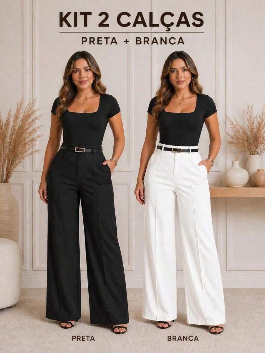 Set Of 2 Women's Elegant Tailored Palazzo Pants With Belt - 黑白 - 查看 1