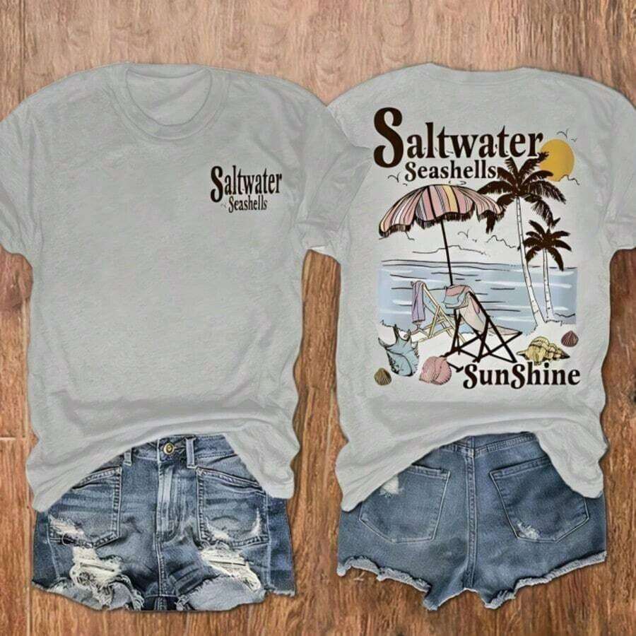 Camiseta de Mujer con Estampado de Conchas Marinas y Palmeras de Playa, Top Casual de Manga Corta para Vacaciones, Ropa de Mujer Transpirable y Amigable con la Piel - Gris - Ver 1