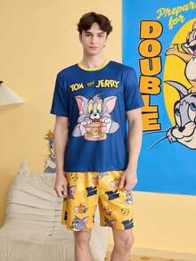 Noctvar OBM Sleepwear X TOM & JERRY Collaboration Men's Short Sleeve Top And Shorts Set, Colorblock Blue & Yellow Shirt + Allover Print Shorts Comfortable - Multicolor - View 1