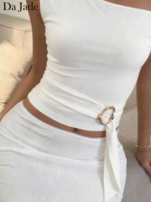 Da Jade Blusa corta con hombros descubiertos, hebilla metálica y pliegues, de estilo sexy y dulce, en color blanco puro, adecuada para primavera/verano, para ir al trabajo, citas, salidas, estilo Y2K - Blanco - Ver 4