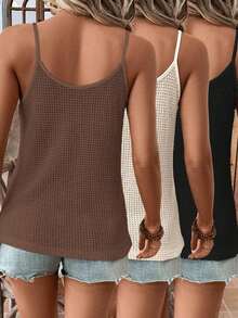 LUNE 3 piezas Tops sin mangas de mujer con encaje de estilo waffle y empalme, prendas básicas de uso diario, primavera/verano, casual - Multicolor 6 - Ver 3