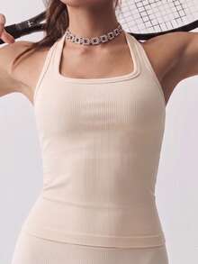 Camiseta de tirantes de cuello cuadrado acanalada, top sin mangas de ajuste ceñido, ropa deportiva de verano para mujer, capa base transpirable y versátil para entrenamiento - Albaricoque - Ver 3