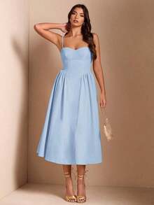 Elegante vestido largo sin mangas con manga abultada para mujer, adecuado para citas diarias, salidas, discotecas, fiestas, temporada de otoño - Celeste - Ver 7