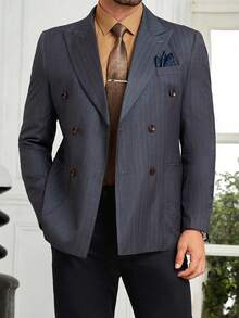 Men's Slim Fit Dark Grey TR Fabric Peak Lapel Double-Breasted Formal Suit Jacket, Suitable For Business, Banquet, Cocktail Party - Dark Grey - View 8