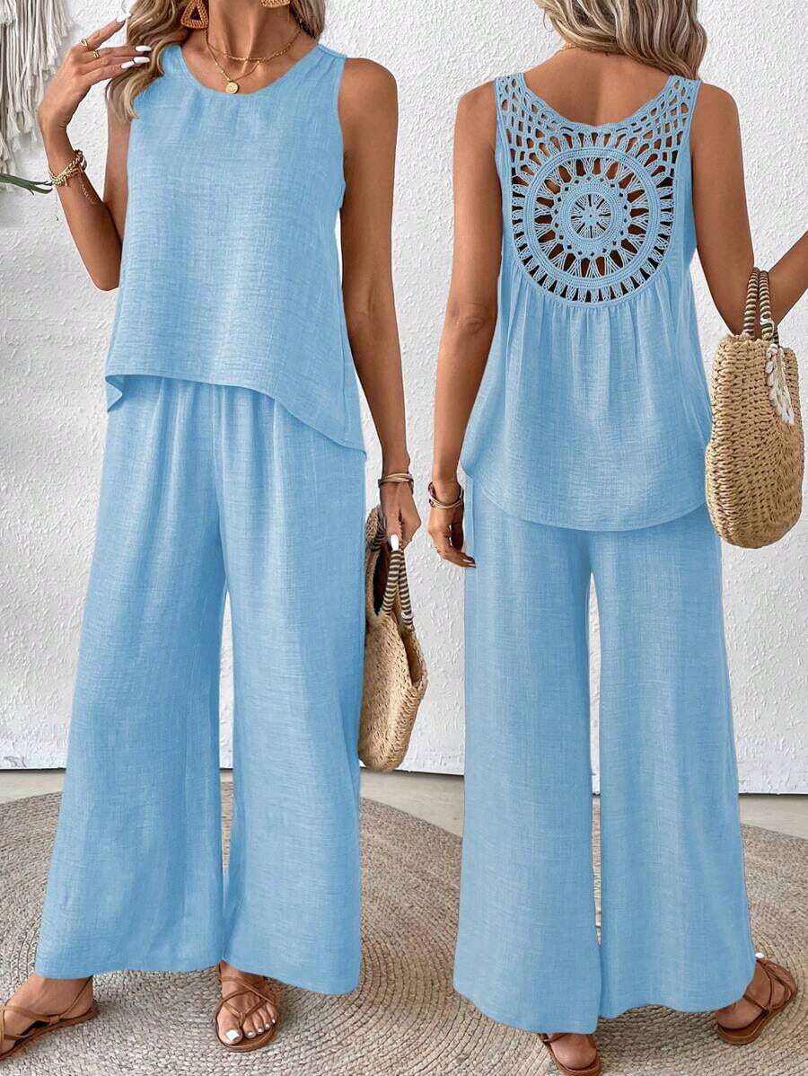 Conjunto de top sin mangas y pantalones de pierna ancha con parte posterior de malla de encaje para mujer, color albaricoque, para primavera/verano - Celeste - Ver 1