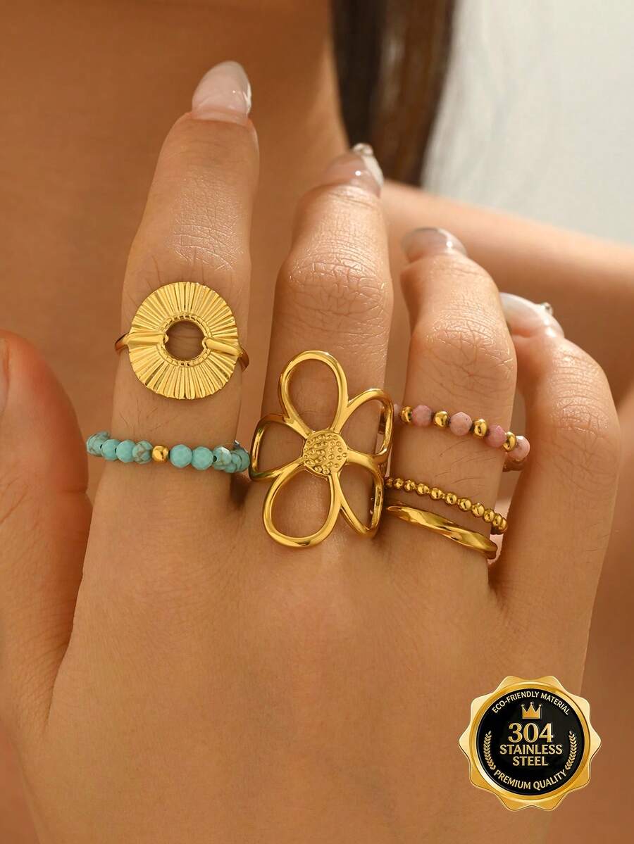 3/5 piezas Juego de anillos apilables con declaración floral chapados en oro, anillos abiertos con flor grande y estallido de sol + anillos con cuentas de piedras turquesa y rosa, joyas bohemias de uso diario a prueba de agua de acero inoxidable