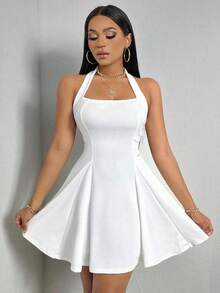 Vestido línea A unicolor de cuello halter de espalda abierta - Blanco - Ver 6