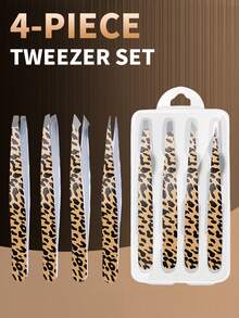 J·FOCUS Stylish Leopard Print 4Pcs Tweezers Set, Stainless Steel Precision Eyebrow & Facial Hair Removal Tweezers, Multi-Type Slant/Pointed Tips For All Hair Types - View 1