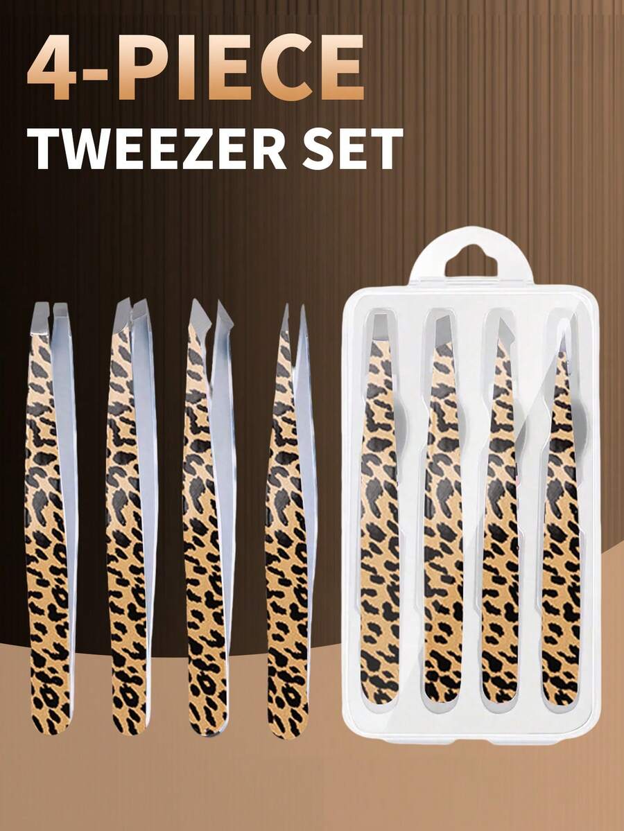 J·FOCUS Stylish Leopard Print 4Pcs Tweezers Set, Stainless Steel Precision Eyebrow & Facial Hair Removal Tweezers, Multi-Type Slant/Pointed Tips For All Hair Types - View 1
