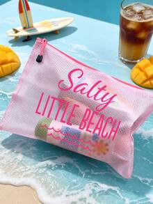 防水時尚沙灘包，印有「Salty Little Beach」海洋波浪圖案。大容量透明化妝包，尼龍拉鍊，輕巧，春/夏防曬收納，適合游泳、沙灘、潛水和夏季度假，學生返校，送給朋友、家人、閨蜜、同學的禮物。生日、節日、派對、婚禮（伴娘）、教師節的完美禮物和紀念品。郵輪必備，畢業、暑假、返校、開學禮物 - 彩色 - 查看 7