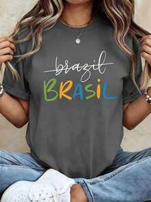 White Brasil Colorful Letter Print T-Shirt, Women Crew Neck Short Sleeve Casual Tee, Brazil National Flag Color Graphic Summer Vacation Loose Fit Top - 灰色 - 查看 15