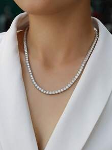 12ct Luxury Moissanite Necklace In 925 Silver, 3.0mm X 120pcs, Romantic Fashionable Design, Creative Gift For Women, Suitable For New Year, Christmas, Teacher's Day, Mother's Day, Halloween, Vintage Retro Rock Style Jewelry For Engagement, Wedding, Birthday, Anniversary - Silver - View 2