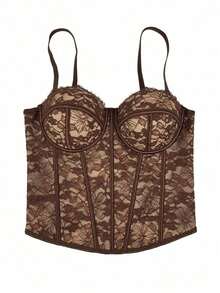 Top corset con adorno de encaje floral para mujer, elegante y casual para el verano - Marrón - Ver 4