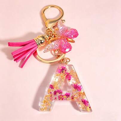 1 pieza Llavero con inicial para mujeres, llavero con flor de margarita seca rosa y linda, decoración colgante para bolso, mochila, accesorios de coche, adorno de bolso, regalo, estilo gótico y Y2K