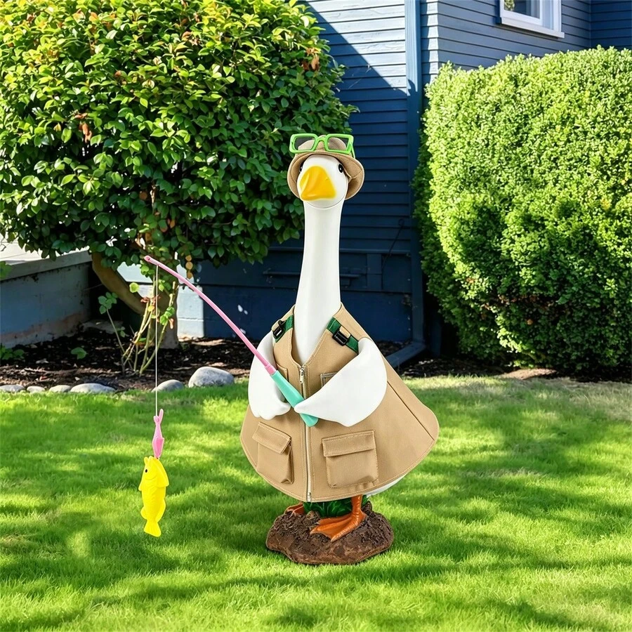 Porch Goose Outfits 23inch Lawn Goose Angling Costumes Included Clothes Hat Glasses Rod And Fish Toy Garden Decor - Patchwork - View 1