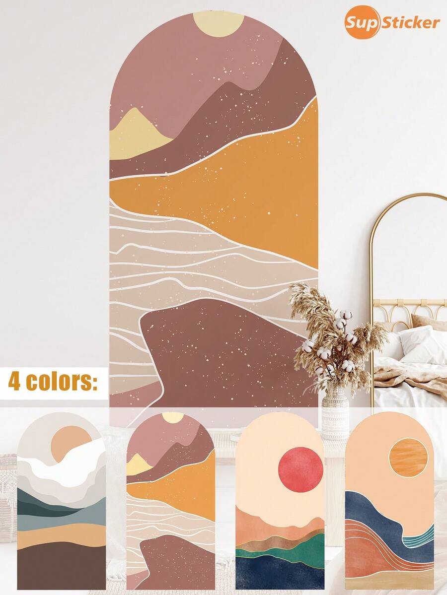 SUPSTICKER 2pcs Modern Abstract Mountain Sunset Arch Wall Decal, PVC Self-Adhesive Waterproof Oil-Proof Sticker, 11.81x47.24 Inches, Suitable For Living Room Bedroom - 2PC - View 1