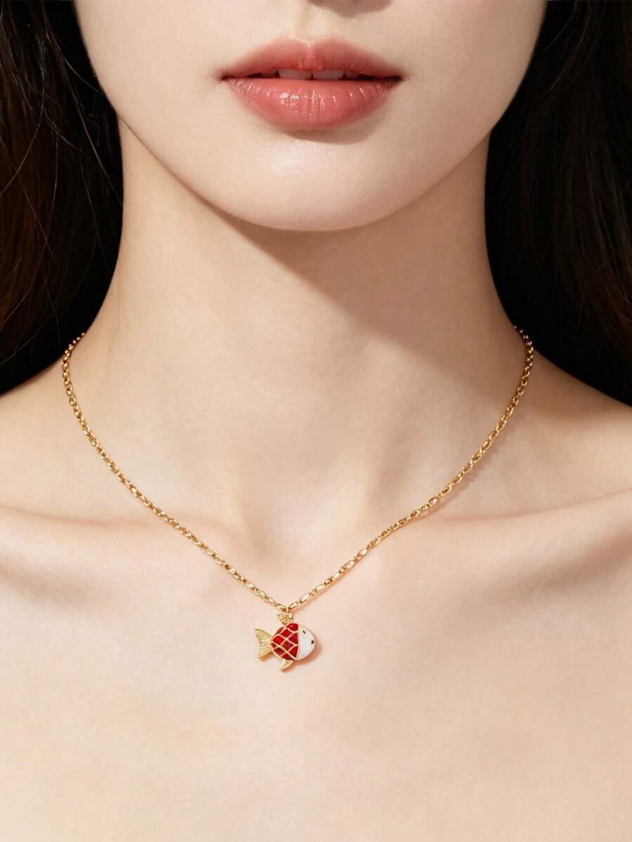 1件新款中国风红金鱼吊坠项链,设计独特,通勤百搭 - 紅色 - 查看 1