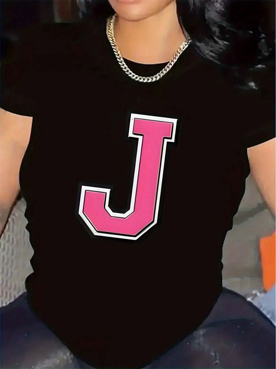 Plus Size - Plus Size - A Plus Size Women's Spring And Summer Dress, Featuring A Varsity-Style 'J' Letter Design T-Shirt, Round Neck And Short Sleeves, Casual And Fashionable Top, Elegant Party Dress, Loose Fit, Perfect As A Holiday Gift - 黑色 - 查看 1