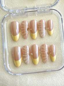 10pcs Handmade Solid Matte Cat Eye Nail Stickers, Nude Base With Hand-Painted Cream Yellow French Style, 3D Shell Texture Embossed Decor With Tiny Rhinestones, Elegant And Vibrant, Suitable For Ladies, Girls, Parties, Holidays, And Daily Wear In Spring, Summer, Autumn, And Winter - Yellow - View 1