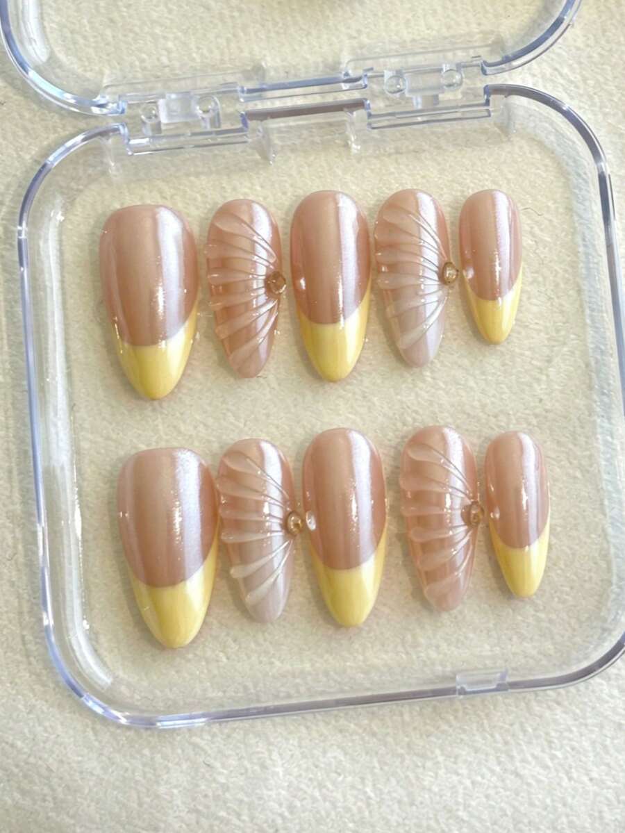 10pcs Handmade Solid Matte Cat Eye Nail Stickers, Nude Base With Hand-Painted Cream Yellow French Style, 3D Shell Texture Embossed Decor With Tiny Rhinestones, Elegant And Vibrant, Suitable For Ladies, Girls, Parties, Holidays, And Daily Wear In Spring, Summer, Autumn, And Winter - Yellow - View 1