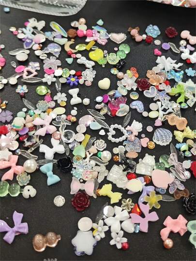 50克/袋 3D随机混合树脂蝴蝶结/珍珠爱心美甲饰品 8-10毫米 可爱彩色亚克力蝴蝶结美甲DIY圣诞节散装配件