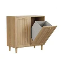 Slanted Laundry Basket With Removable Inner Basket, Bathroom Linen Cabinet, Concealed Laundry Basket, Freestanding Household Shelf, Oak Wood Color - 紫紅色 - 查看 11